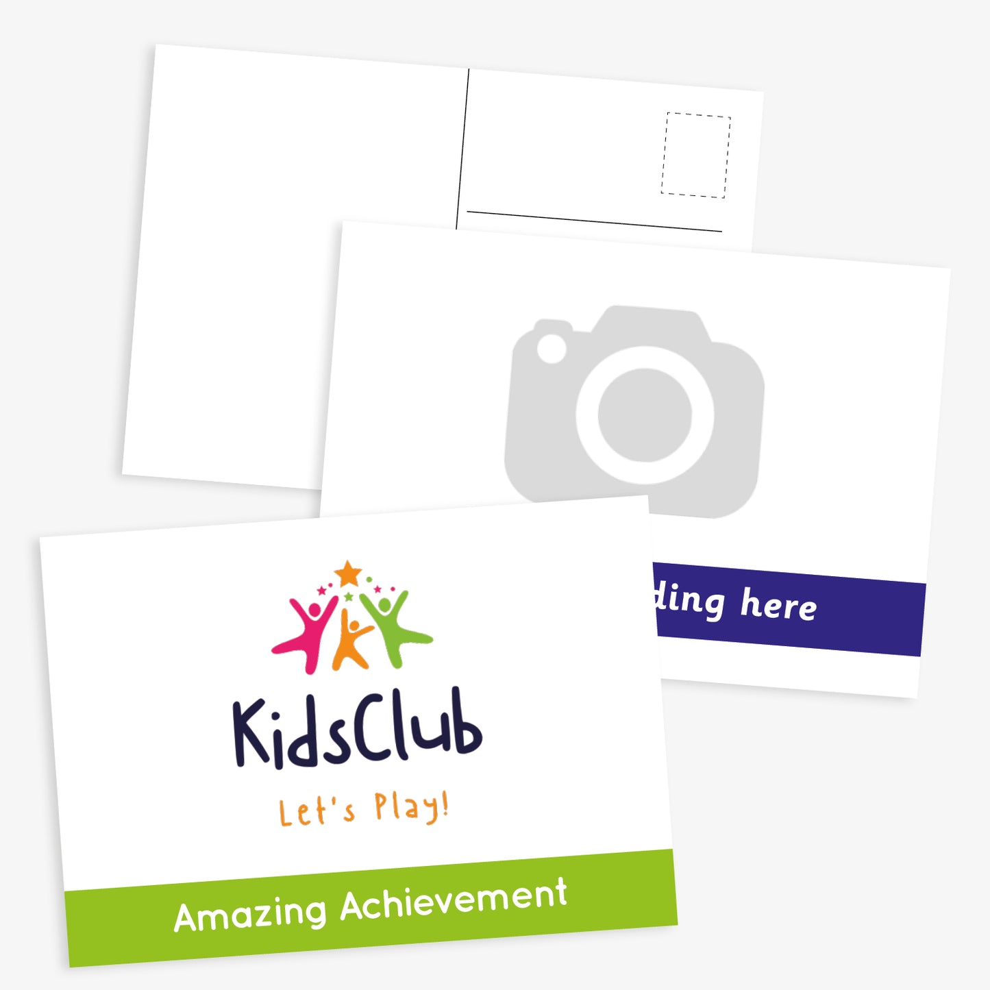 Customisable school postcard design. The front shows a a Kidsclub logo, with a caption at the bottom reading 'Amazing Achievement'. The one below includes space for a photo and banner at bottom for customised text.  The reverse of the postcard has space for a message, address, and stamp.