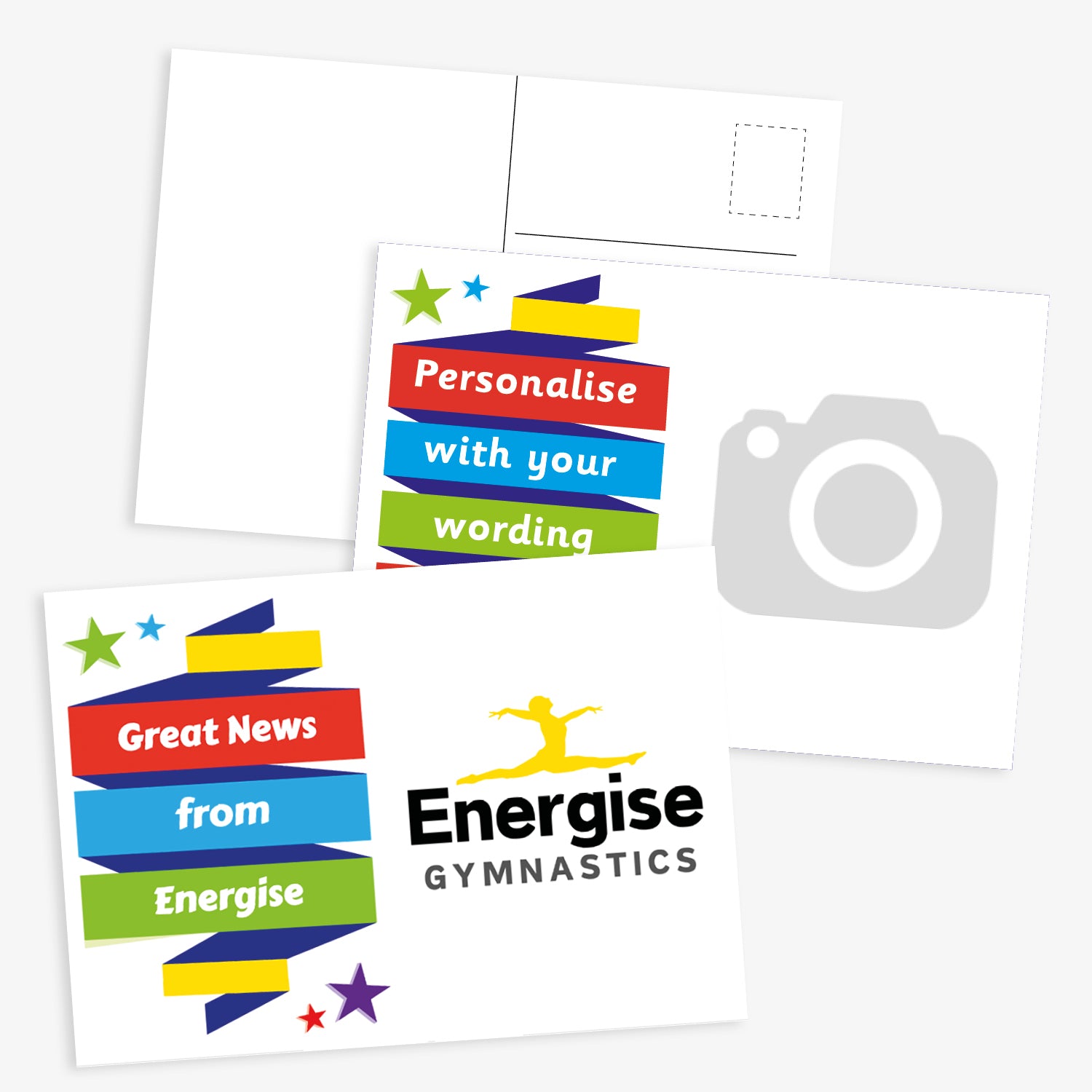Customisable school postcard design featuring colourful banner strips with placeholder text such as 'Personalise with your wording'. One version includes the message 'Good news from St George’s RC Primary School' alongside the school’s name and emblem. The reverse side has a standard postcard layout with a photo placeholder and stamp area.