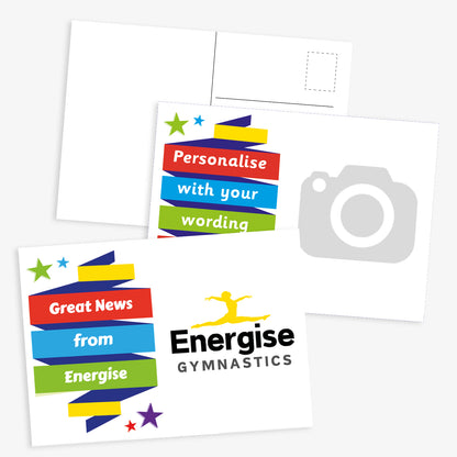Customisable school postcard design featuring colourful banner strips with placeholder text such as 'Personalise with your wording'. One version includes the message 'Good news from St George’s RC Primary School' alongside the school’s name and emblem. The reverse side has a standard postcard layout with a photo placeholder and stamp area.