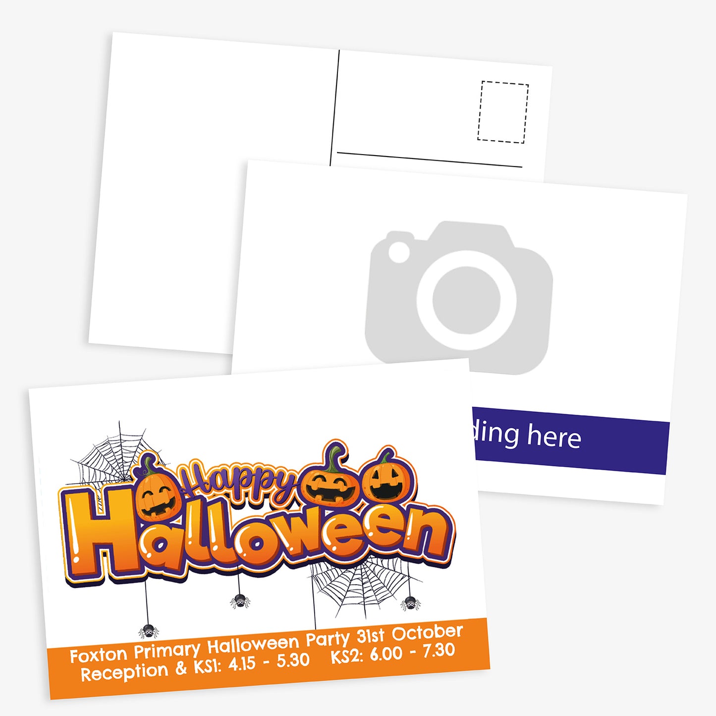 Halloween-themed postcard with colourful text and spider webs on a white background.  Icons showing that the postcard can have and image uploaded to it with banner space for text at the bottom.
