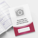 A5-sized personalised reading record books featuring space to upload a loge, personalise text and choose a colour for a curve on the cover of the book; each book contains 40 pages with sections for recording reading progress, parent/teacher comments, and book reviews; designed to support pupils' literacy development and home-school communication in educational settings