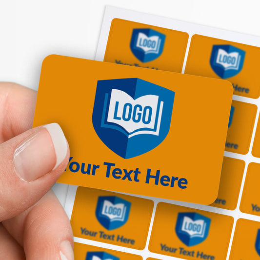 Hand holding a customisable gold card with blue logo and 'Your Text Here' text, surrounded by more cards.