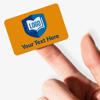Hand holding a customisable business card with a logo and text area.
