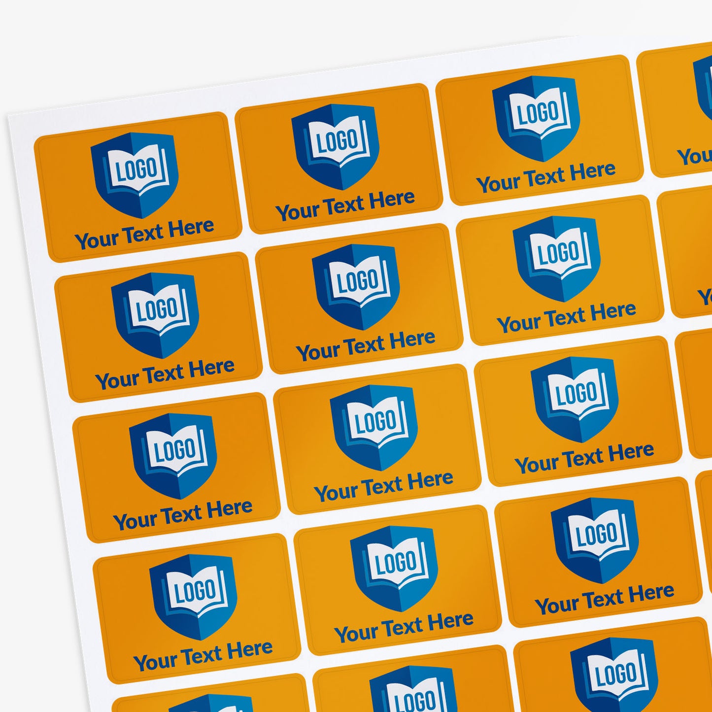 Sheet of customizable stickers with blue logo and text area on orange background