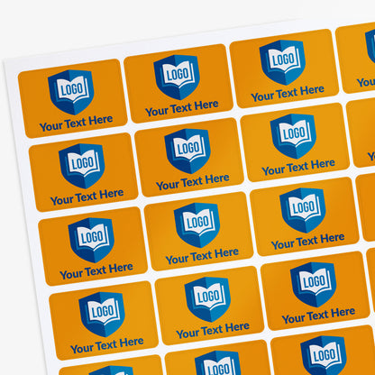 Sheet of customizable stickers with blue logo and text area on orange background