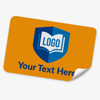 Customizable sticker with blue logo and text and an orange background.