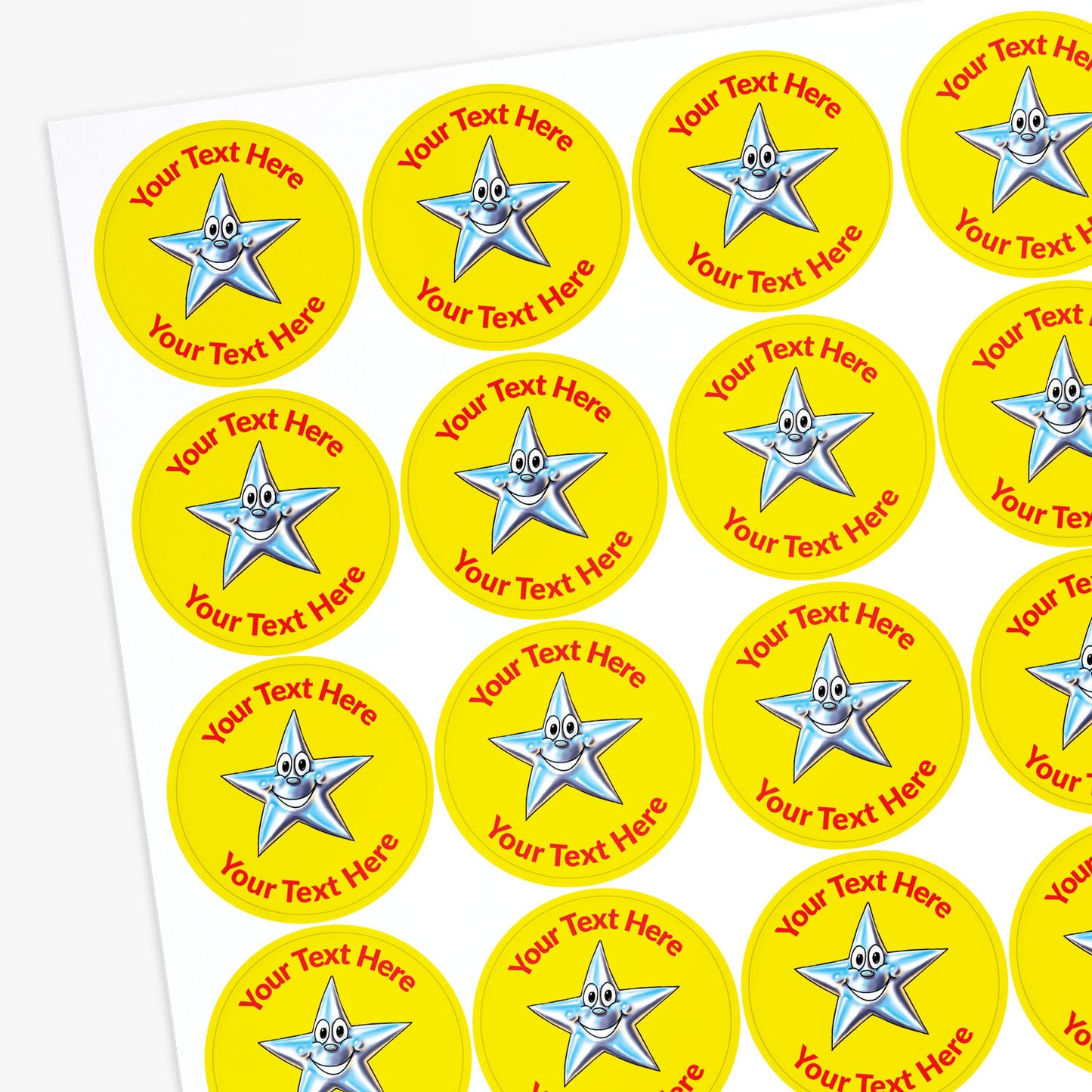 Yellow stickers with a silver smiling star as the central image.  Space for personalisation above and below the image.