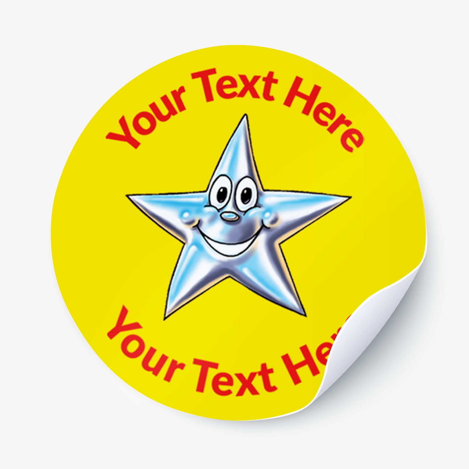 Yellow sticker with a silver smiling star as the central image.  Space for personalisation above and below the image.