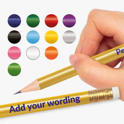 Hand holding a gold pencil with 'Add your wording' text, next to colour swatches of the other 12 colours that the pencil is available in.