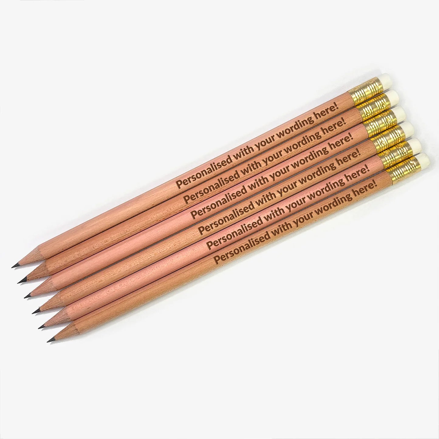 Personalised pencils with natural wooden barrel and gold ferrule. Choice of wording etched onto pencils. 6 pencils on image.