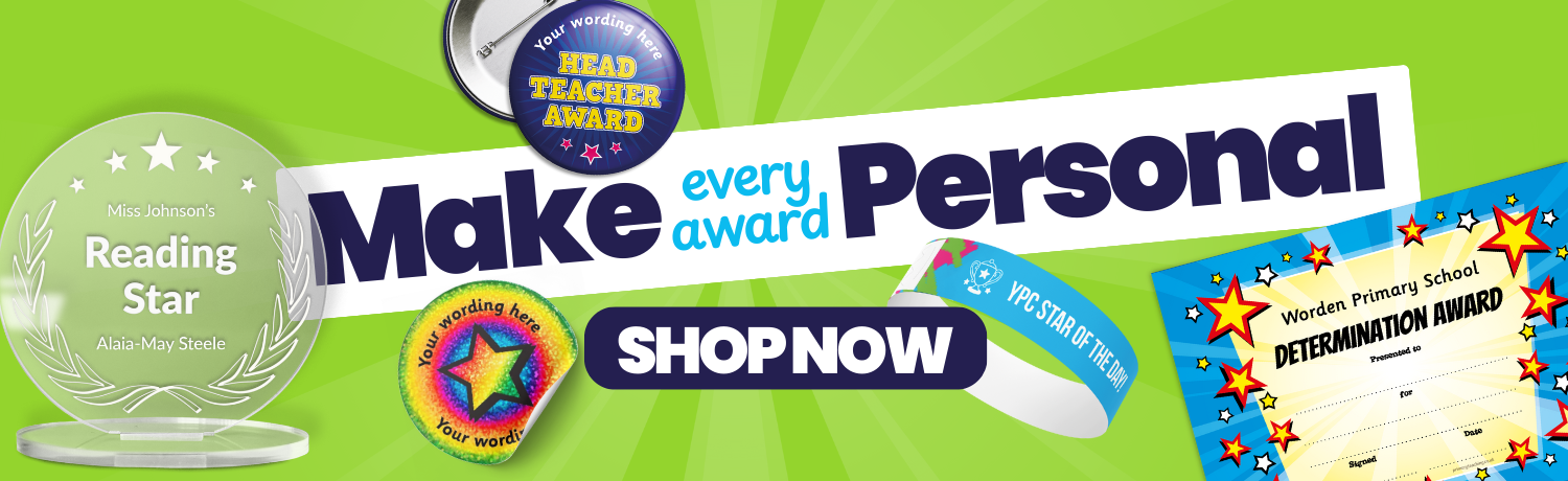 Promotional banner for 'Make Every Award Personal' with various awards and text on a green background.