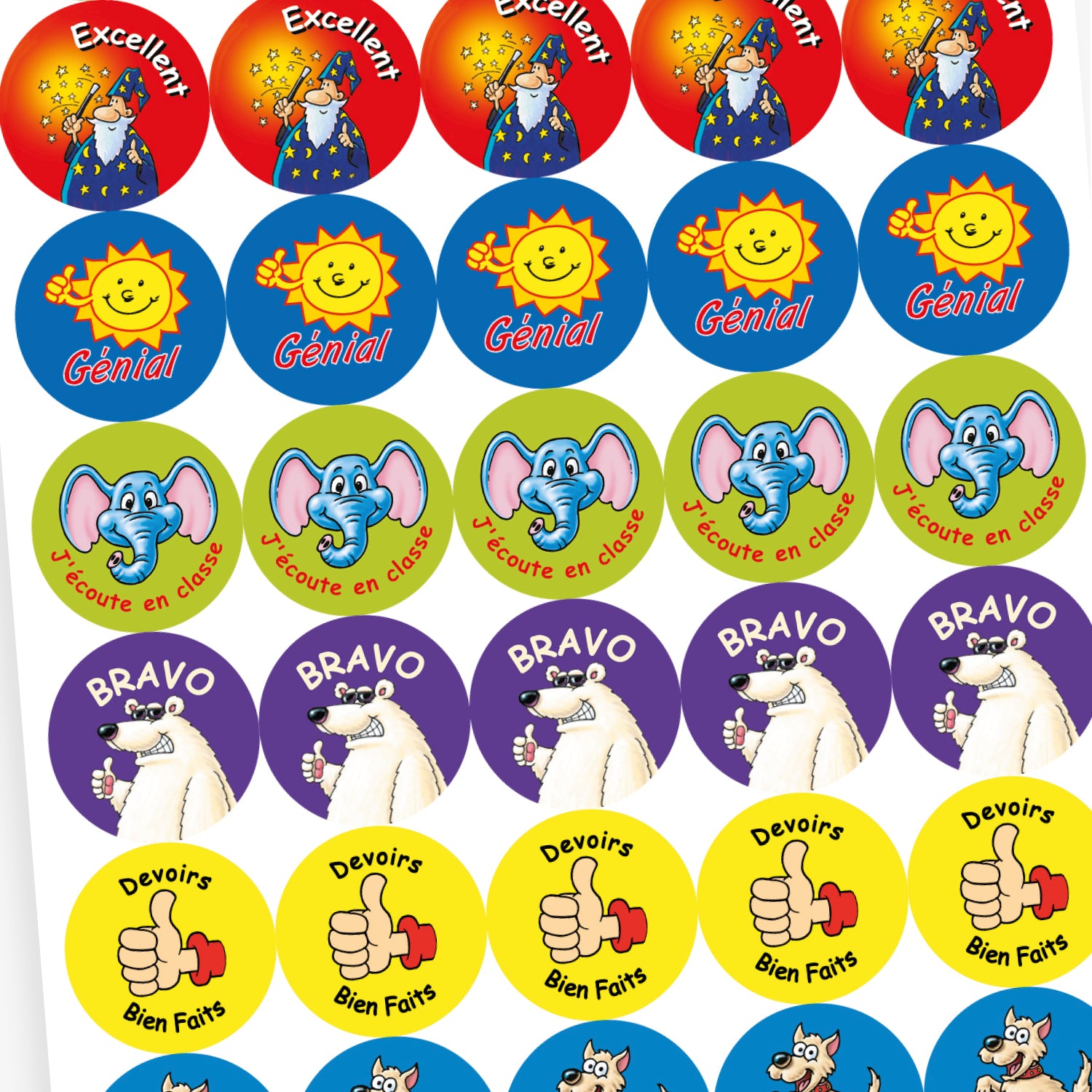 Overview of a sheet of colourful reward stickers for children, each with a cartoon character and French text. This includes: a happy dog on a blue background with the word 'Superbe', a smiling elephant on a green background with 'J'écoute en classe', a cheerful tiger on a green background with 'Très Bien' and  a wizard casting stars on a red background with 'Excellent'.