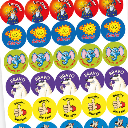 Overview of a sheet of colourful reward stickers for children, each with a cartoon character and French text. This includes: a happy dog on a blue background with the word 'Superbe', a smiling elephant on a green background with 'J'écoute en classe', a cheerful tiger on a green background with 'Très Bien' and  a wizard casting stars on a red background with 'Excellent'.