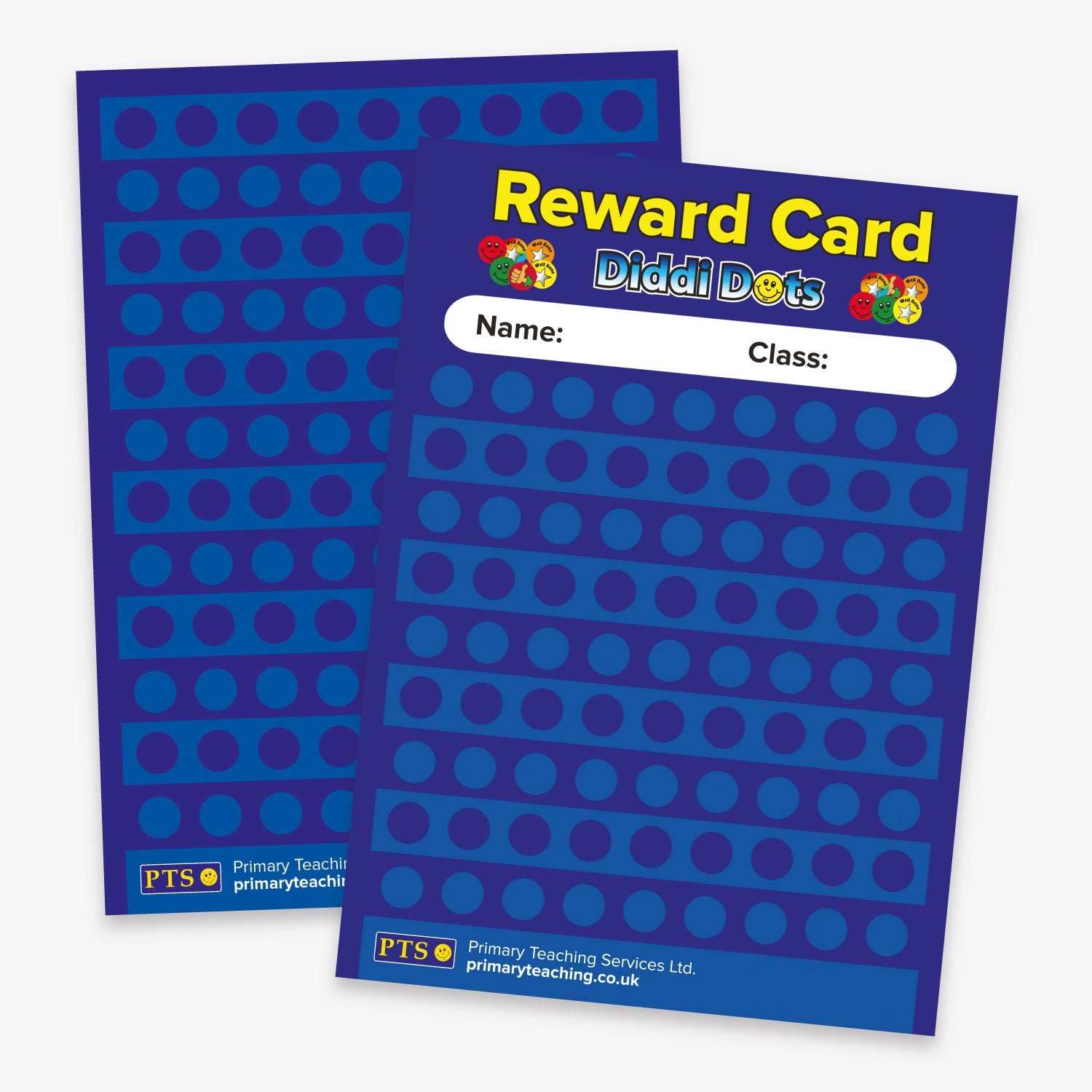 A5 blue double-sided 'Diddi Dots Reward Card' with space at top for 'Name:' and 'Class'.  The front has space for 81 diddi-dot stickers and the reverse has space for a further 108 stickers.