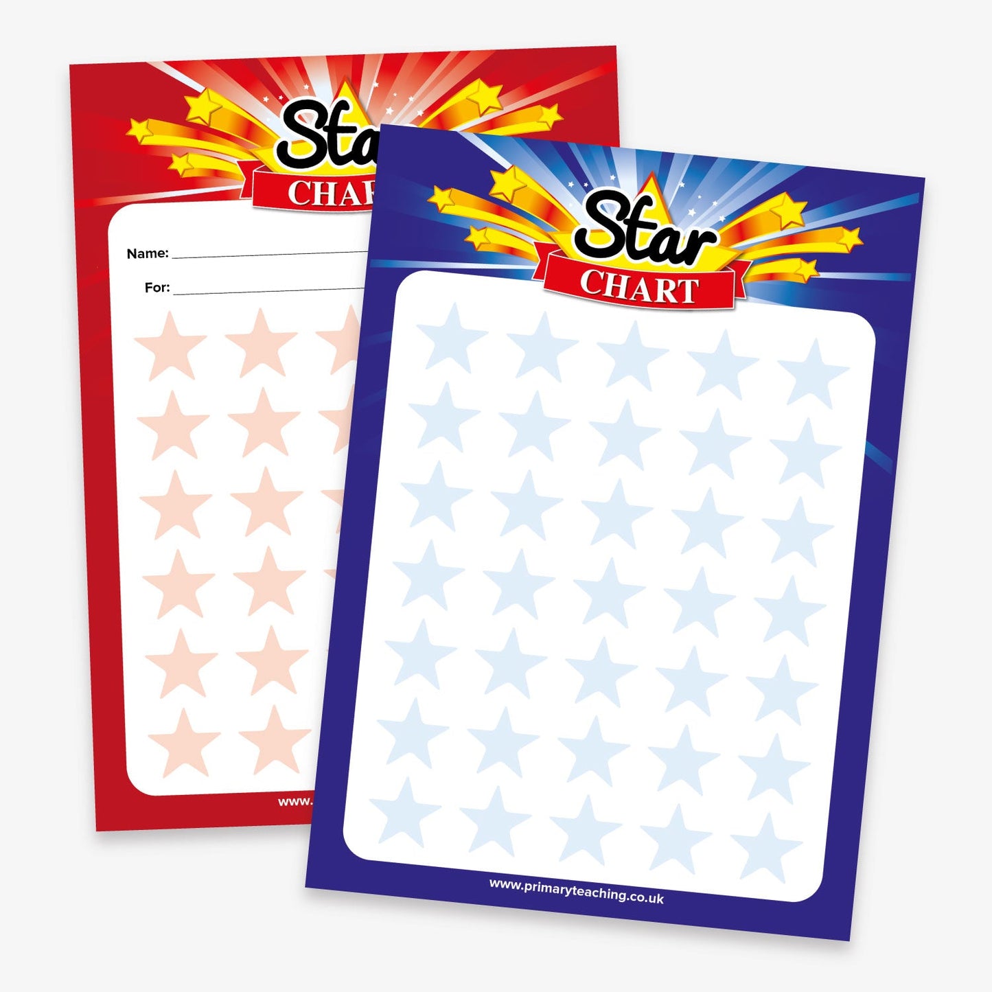A pair of star charts designed for tracking progress or rewards. One chart has a red background and the other blue, both featuring the title 'Star Chart' with shooting stars above. Each chart includes a space for 'Name' and 'For:' at the top, followed by a large grid of pale stars to fill in with stickers or marks.