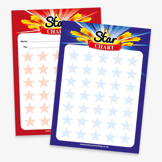 A pair of star charts designed for tracking progress or rewards. One chart has a red background and the other blue, both featuring the title 'Star Chart' with shooting stars above. Each chart includes a space for 'Name' and 'For:' at the top, followed by a large grid of pale stars to fill in with stickers or marks.
