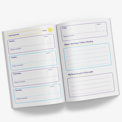 Inside pages - the left page has a header 'Week Beginning:' with 4 boxes below with a day (Monday to Thursday) with spage for comments and Things to remember on a given day and space for signature.  The right hand page includes to box for Friday and 2 further boxes - Notes/ Spellings/  Tables/ Reading notes in the first box and the final box 'My favourite part of the week!'