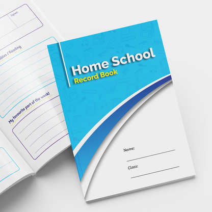 Modern 'Home School Record Book' with a professional blue and white cover featuring curved lines and subtle school-themed icons in the background. The title is in white and yellow text, and there are blank spaces for 'Name' and 'Class'. The open page beside it shows lined sections for reading material and favourite part of the week.