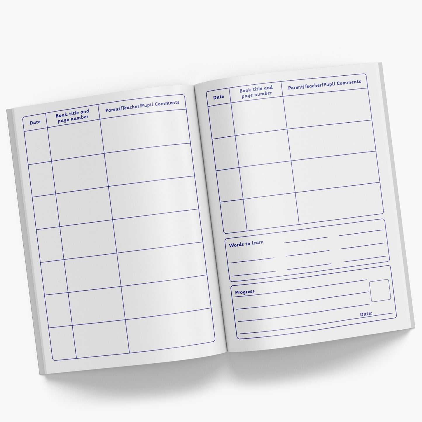 Internal pages of reading record book with space for Date, Book Title and Page Number and Parent/Teacher/Pupil comments