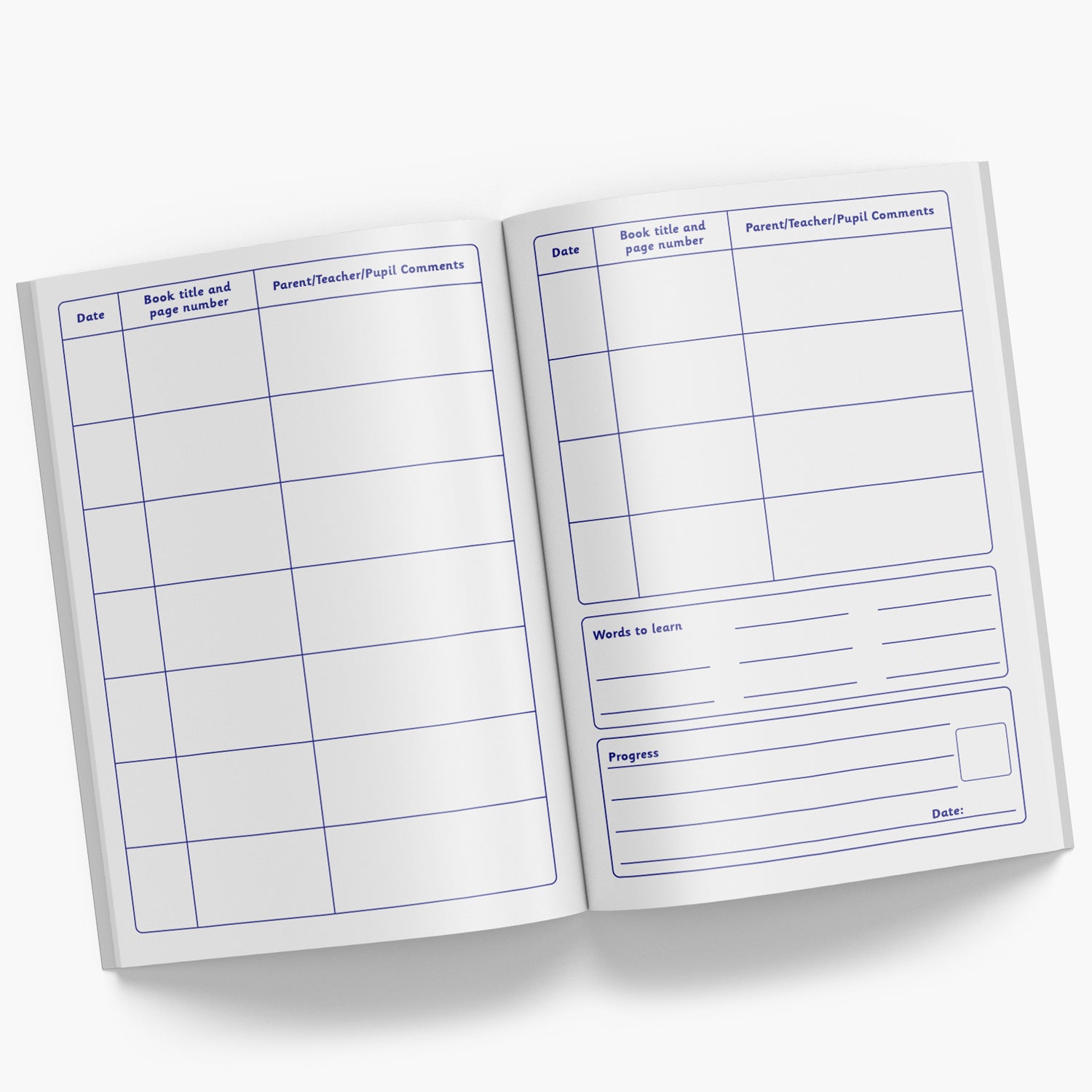 Internal pages of reading record book with space for Date, Book Title and Page Number and Parent/Teacher/Pupil comments
