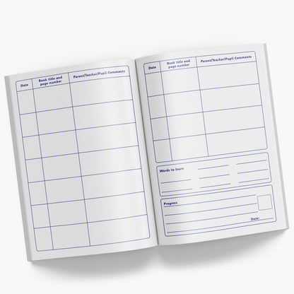 Internal pages of reading record book with space for Date, Book Title and Page Number and Parent/Teacher/Pupil comments