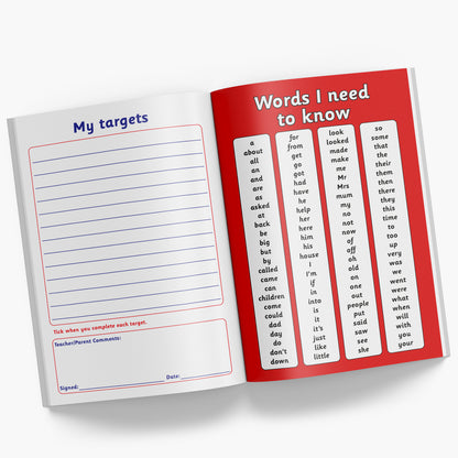 Internal pages of reading record book showing 'My Targets' page and a red page listing 'Words I need to Know'