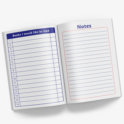 Internal pages of reading record book showing 'Books I would like to read' page and a  page for making notes