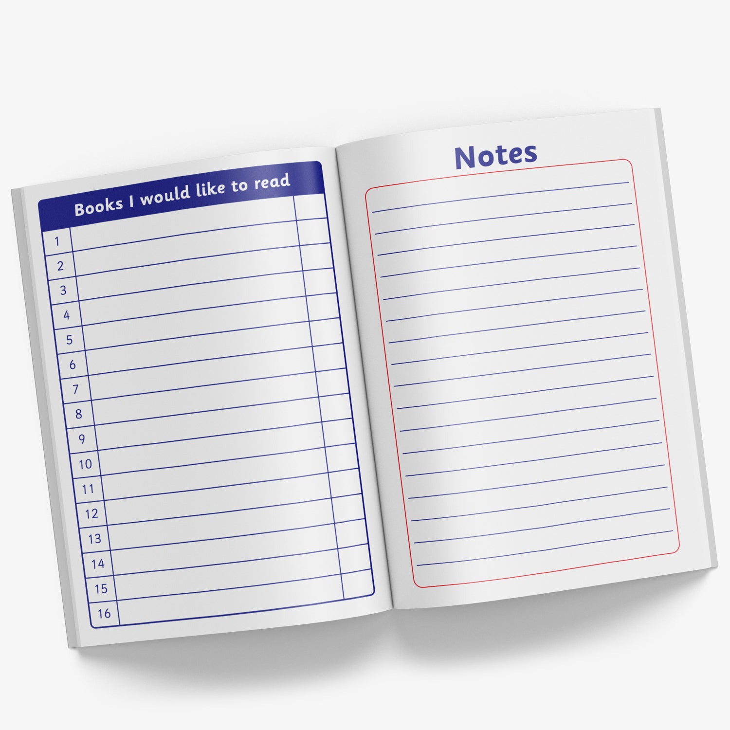 Internal pages of reading record book showing 'Books I would like to read' page and a  page for making notes