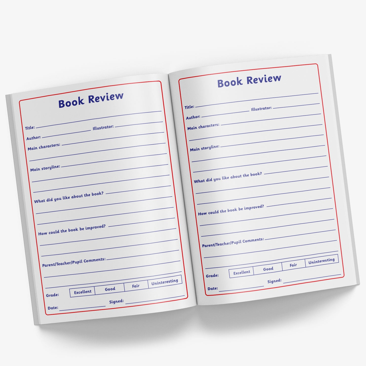 Internal pages of a reading record book with an open page showing sections for book reviews.