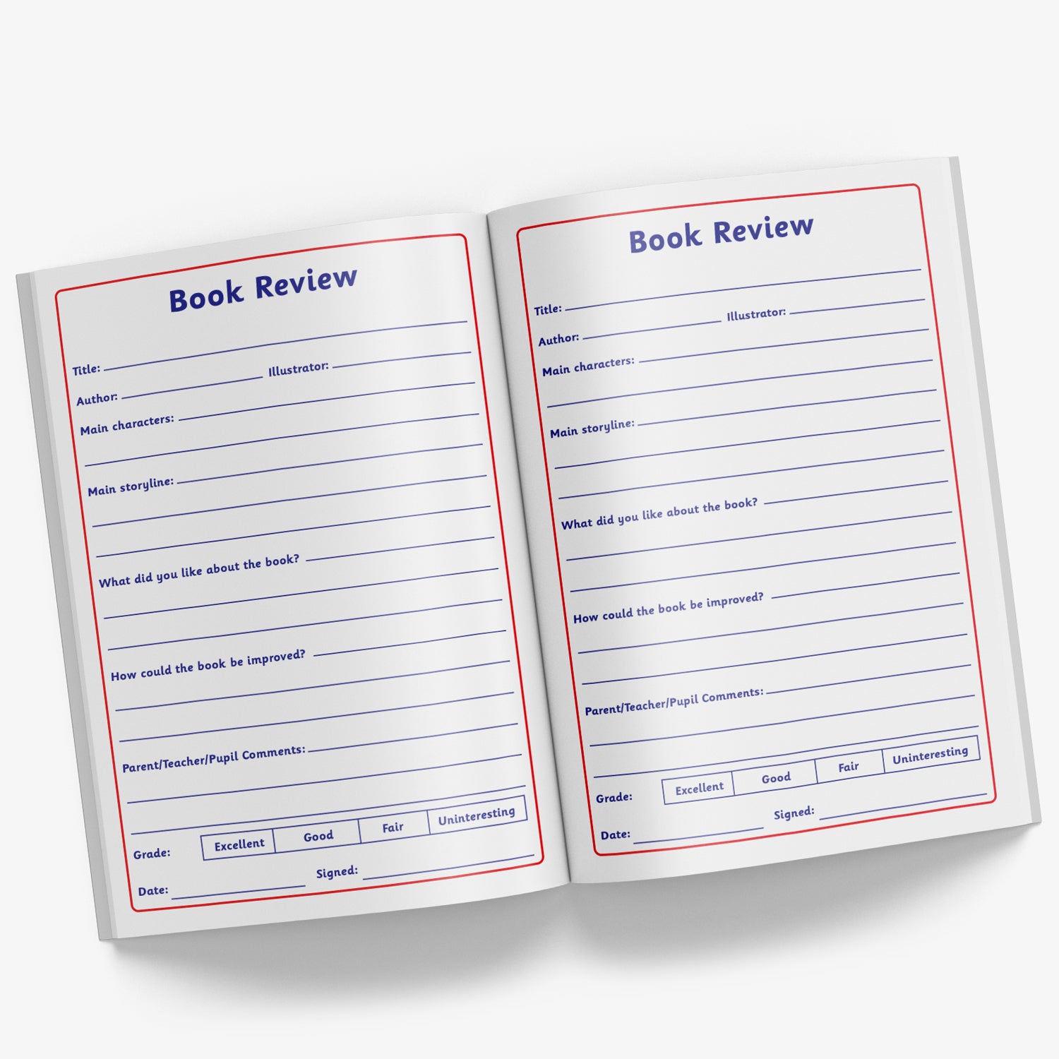 Internal pages of a reading record book with an open page showing sections for book reviews.