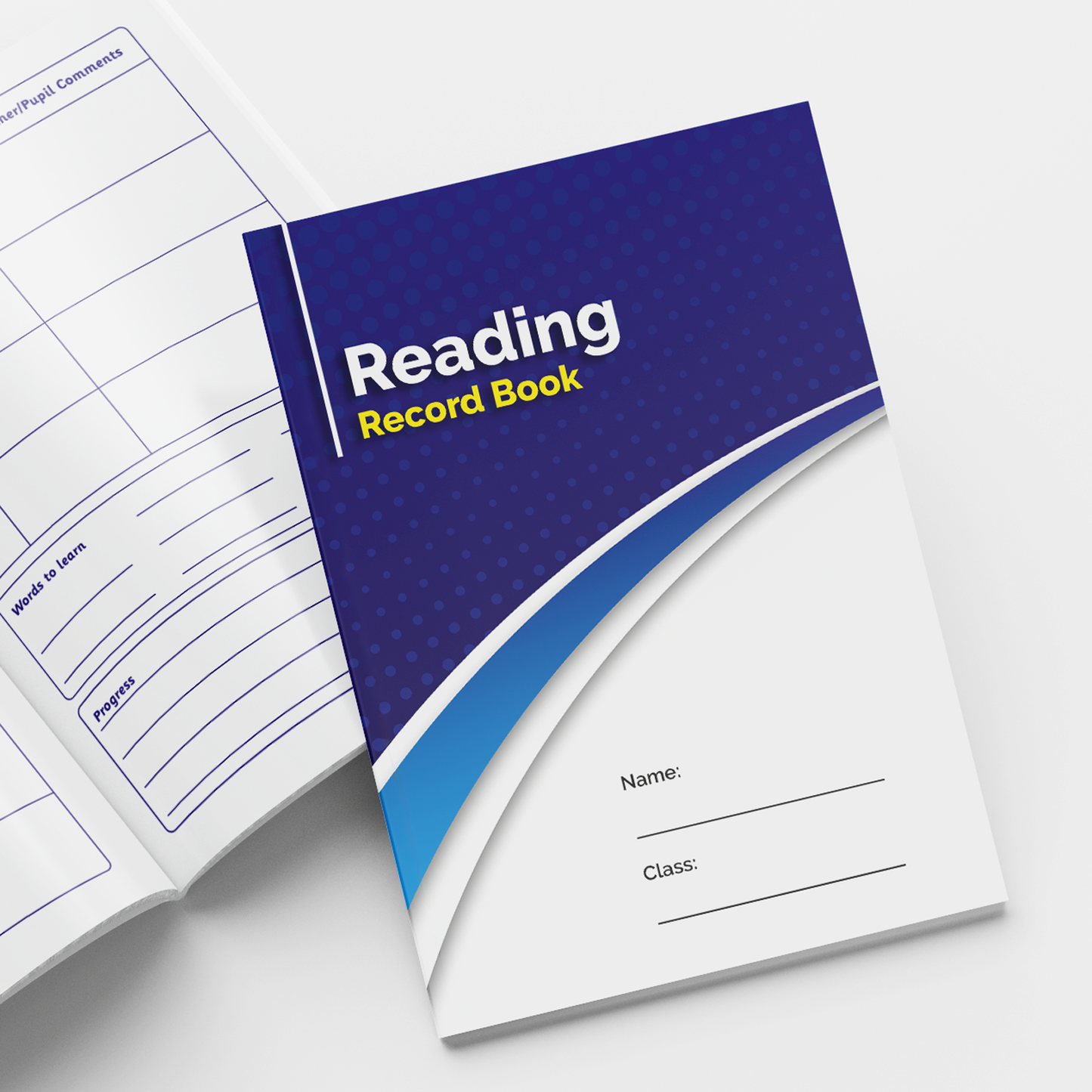 A blue 'Reading Record Book' with a space on the front for name and class, and an open page showing words to learn, and progress.