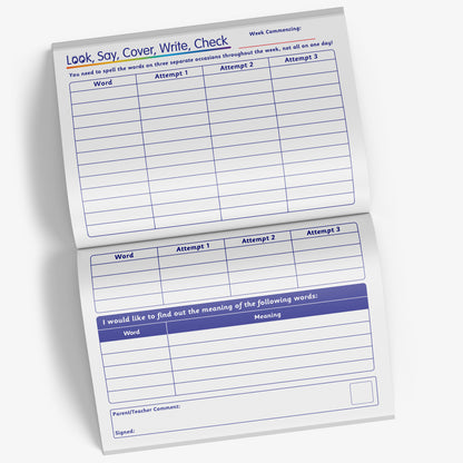 Internal page of the spelling record book supporting the 'Look, Say, Cover, Write, Check' process for learning words with space for the word to be written and then 3 attempts to get it correct.