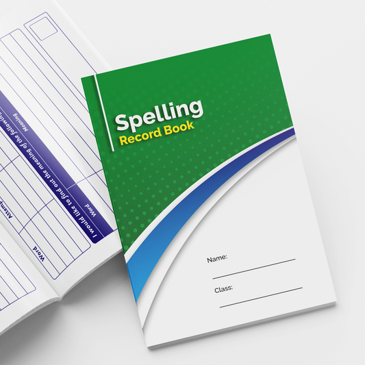 Spelling Record Book with a green and white cover, featuring a dotted pattern and curved blue and white design elements. The title is in bold white and yellow text, with blank lines below for 'Name' and 'Class'. The open page beside it includes a structured table with columns for spelling words, sentences, and adult initials.