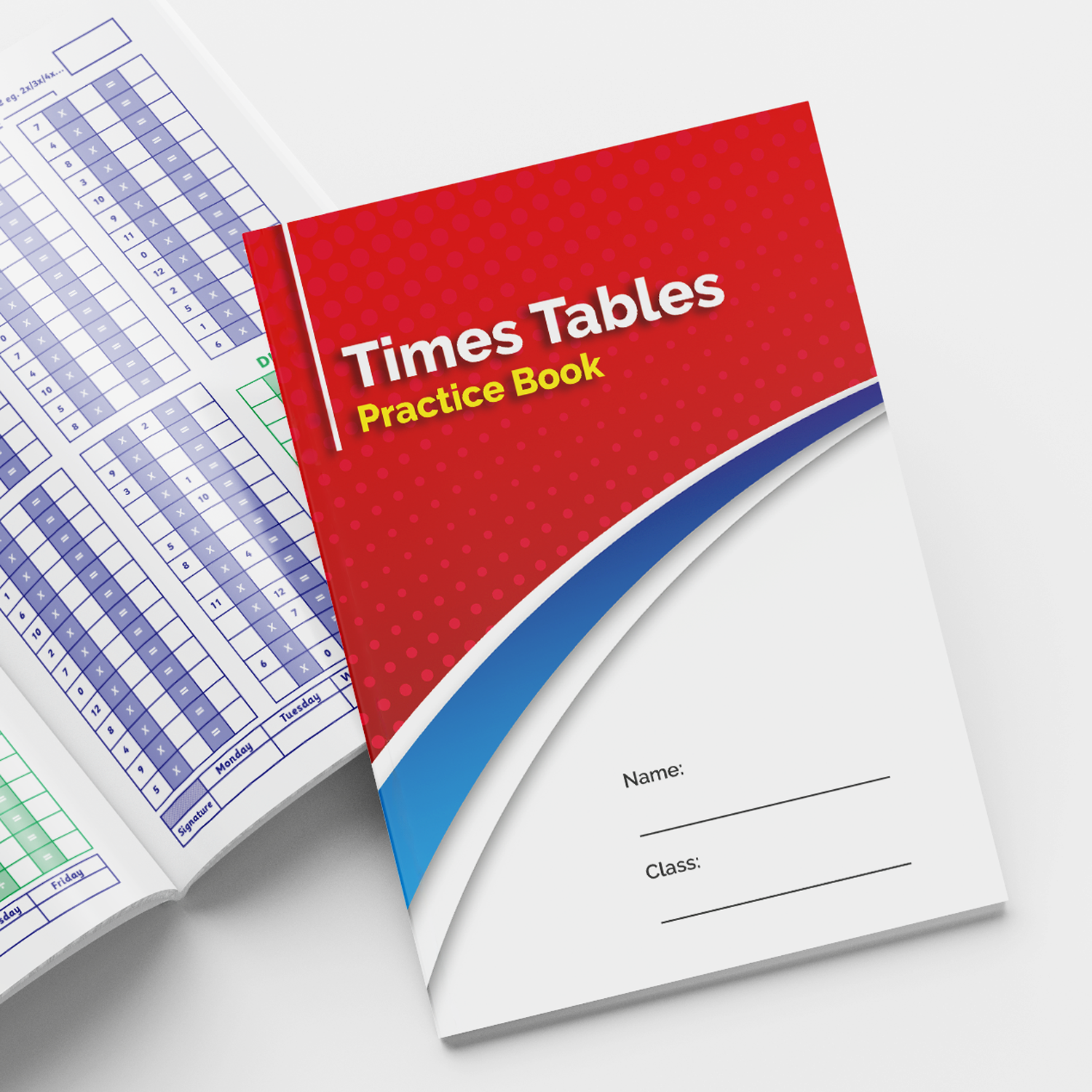Times Tables Practice Book with a red and white cover, featuring a dotted pattern and curved blue and white design elements. The title is in bold white and yellow text, with spaces below for 'Name' and 'Class'. The open page beside it shows a multiplication grid chart with shaded boxes indicating completed or highlighted values.