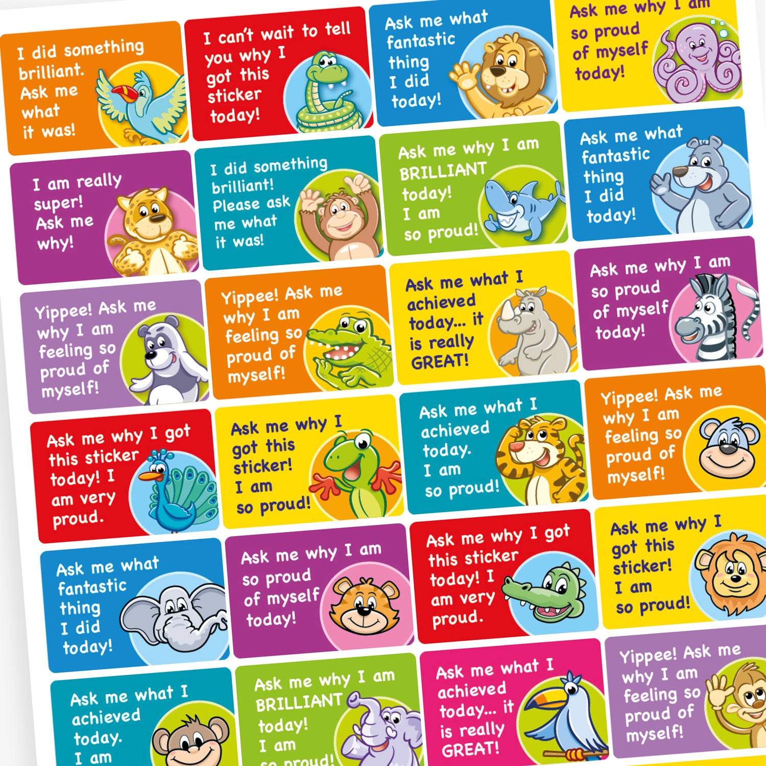 An overview of a sheet of rectangular motivational stickers for children, each with a positive message and cartoon character. Messages include: 'Ask me what fantastic thing I did today!' with a waving lion, 'Ask me why I am BRILLIANT today! I am so proud!' with a smiling shark, and 'Ask me why I’m so proud of myself today!' with a cheerful bear. The stickers have colourful backgrounds in blue, red, green, yellow, and orange