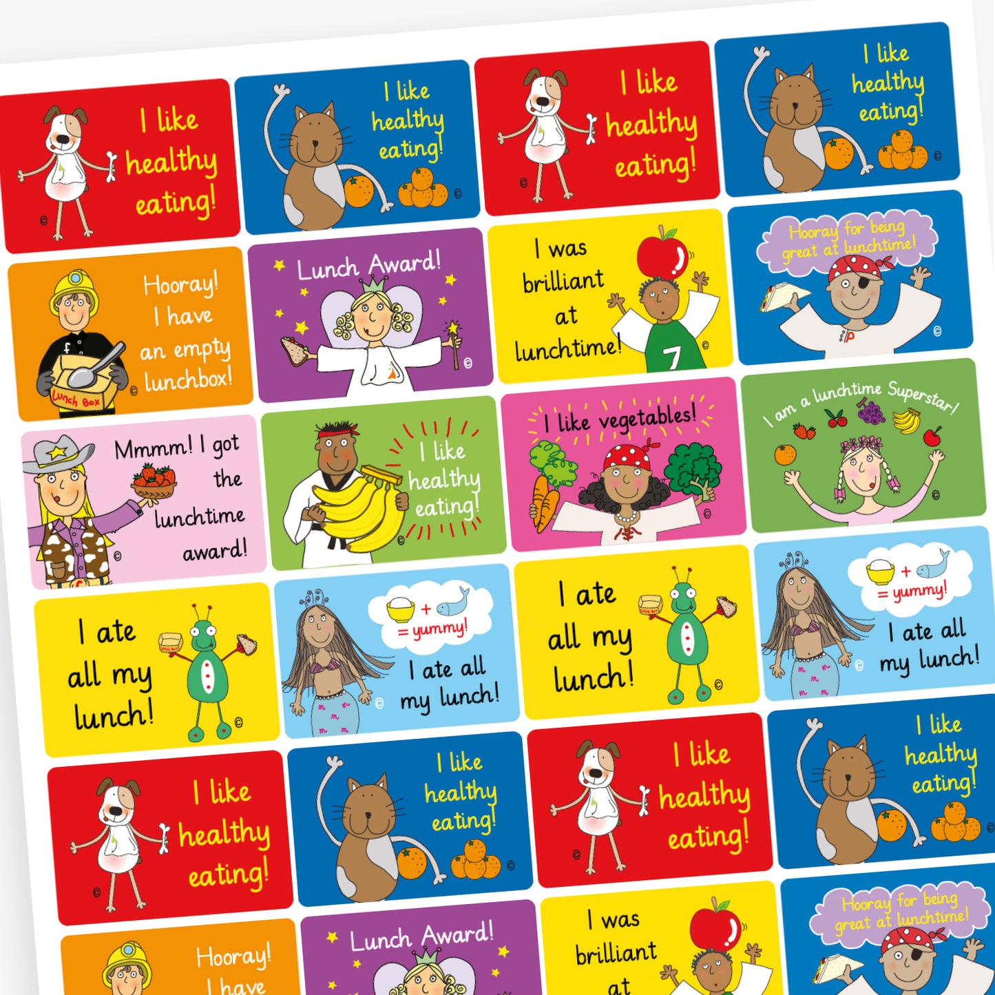 A sheet of rectangular reward stickers promoting healthy eating habits. Messages include: 'I ate all my lunch!' with a mermaid illustration, 'I like vegetables!' with a smiling pirate holding broccoli and carrots, and 'I like healthy eating!' with a child holding a bunch of bananas. Other stickers feature similar messages and cheerful cartoon characters, each on a colourful background.