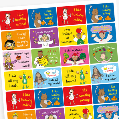 A sheet of rectangular reward stickers promoting healthy eating habits. Messages include: 'I ate all my lunch!' with a mermaid illustration, 'I like vegetables!' with a smiling pirate holding broccoli and carrots, and 'I like healthy eating!' with a child holding a bunch of bananas. Other stickers feature similar messages and cheerful cartoon characters, each on a colourful background.