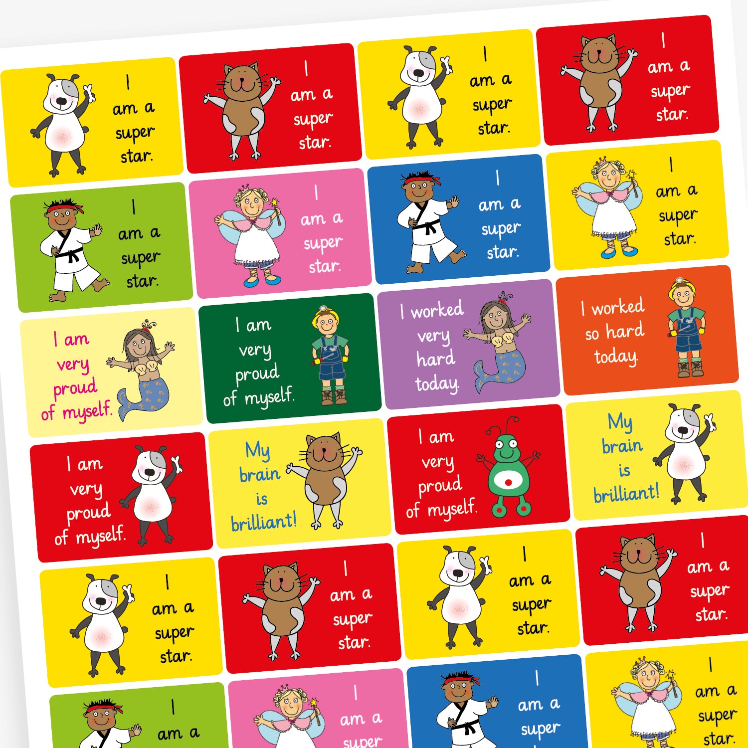 A sheet of rectangular motivational stickers for children, each featuring a positive affirmation and a cheerful cartoon character. Messages include: 'I am very proud of myself' with a green alien on a red background, 'I am a super star' with a child in martial arts uniform on blue, and 'I worked very hard today' with a child on a purple background. Other characters include a princess and a school pupil, with each sticker brightly coloured.