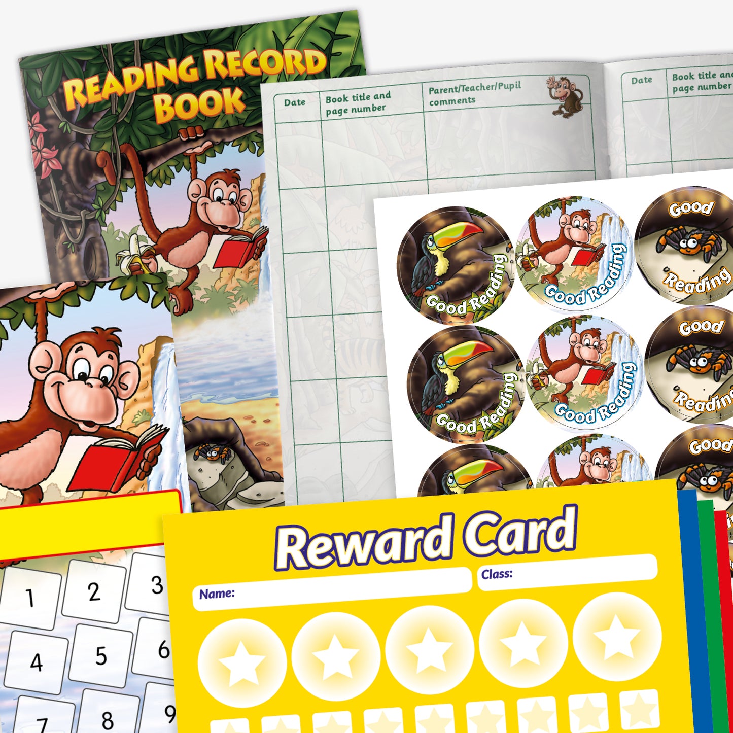 A jungle themed value pack containing reading record book, stickers, jungle themed bookmark to collect stickers on and colourful reward cards for sticker collection