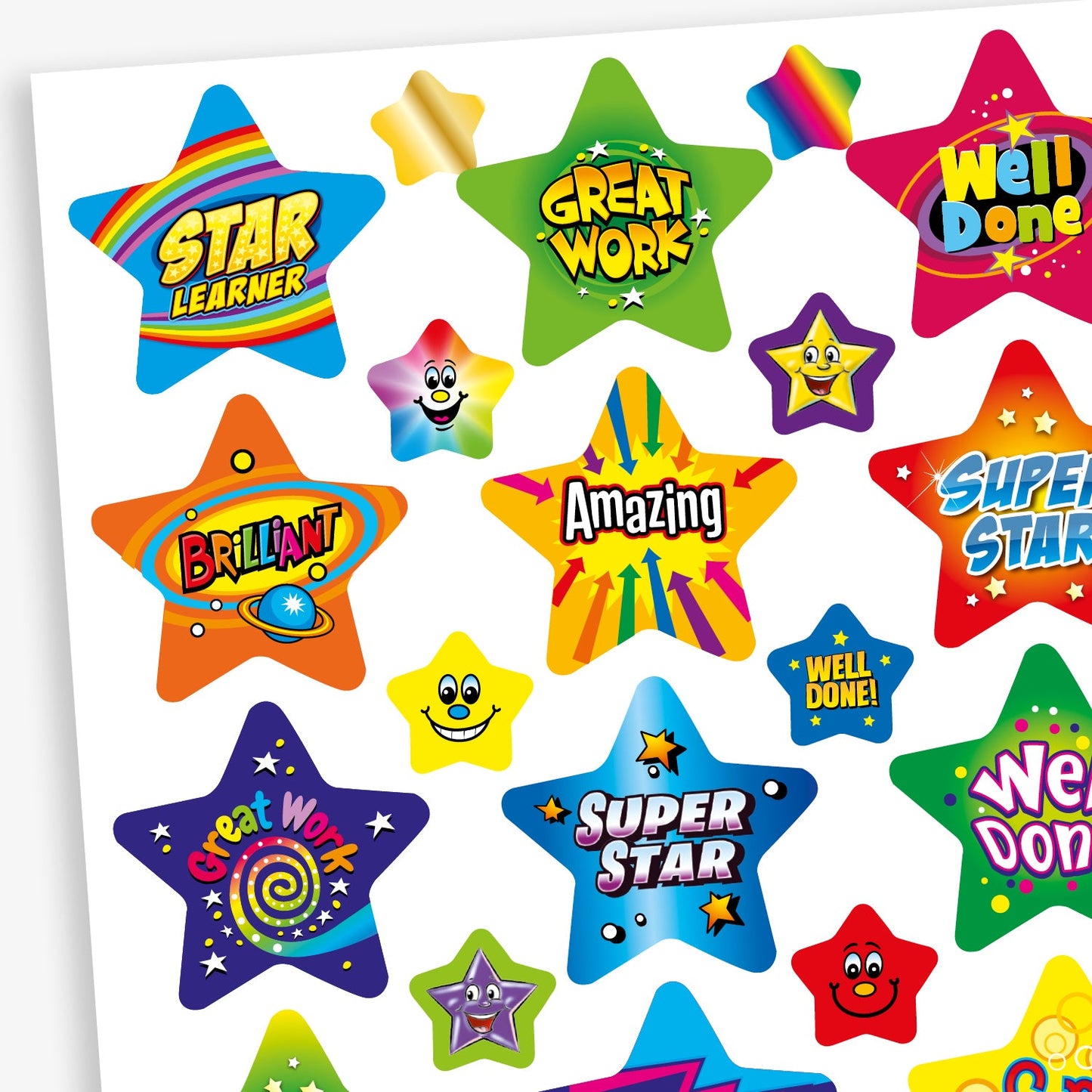 Sheet of assorted sized stars in vibrant colours.  Designs include rainbows, planets and smiling cartoon stars with phrases including 'Great Work', 'Well Done' and 'Super Star'.