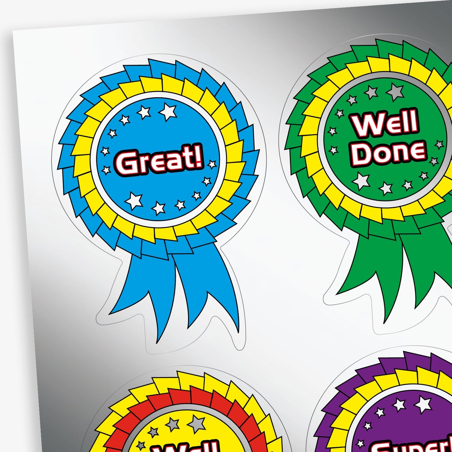 Sheet of rosette reward stickers.  The main rosette is yellow with a red inner ruffle.  The centre of the rosette is yellow with a large '3rd' in white font central to the design with 5 metallic silver stars enclicling the '3rd' above and below.