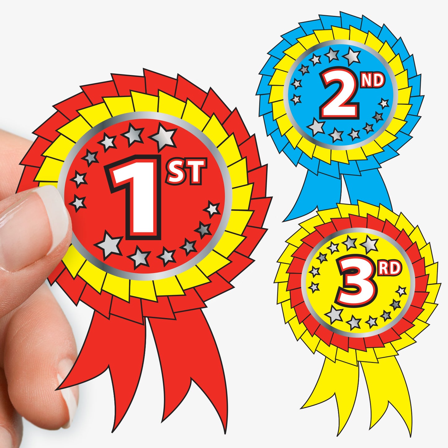 Colorful award ribbons for 1st, 2nd, and 3rd place held by a hand.