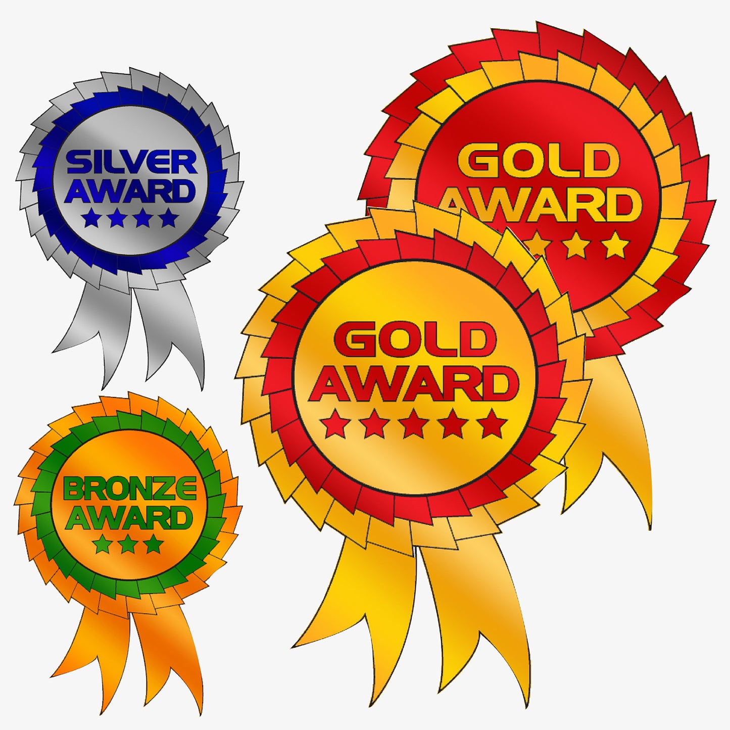 Three award sticker rosettes - 'Gold Award', 'Silver Award', and 'Bronze Award' on a white background.