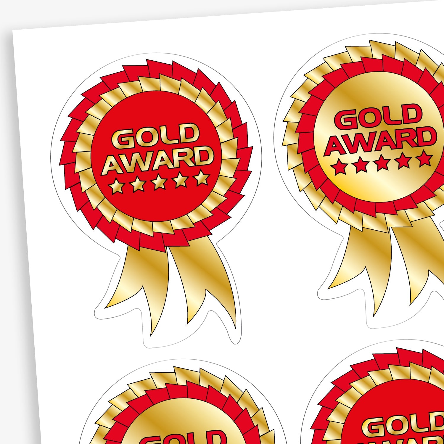 Sheet of dual colour gold and red rosette reward stickers.  The centre of the rosette is either gold with red text, or red with gold text with a large 'Gold Award' central to the design with 5 metallic stars below the text.
