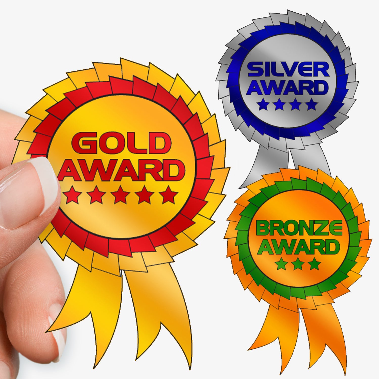 Gold, Silver, and Bronze award ribbons with a hand holding the gold award ribbon.