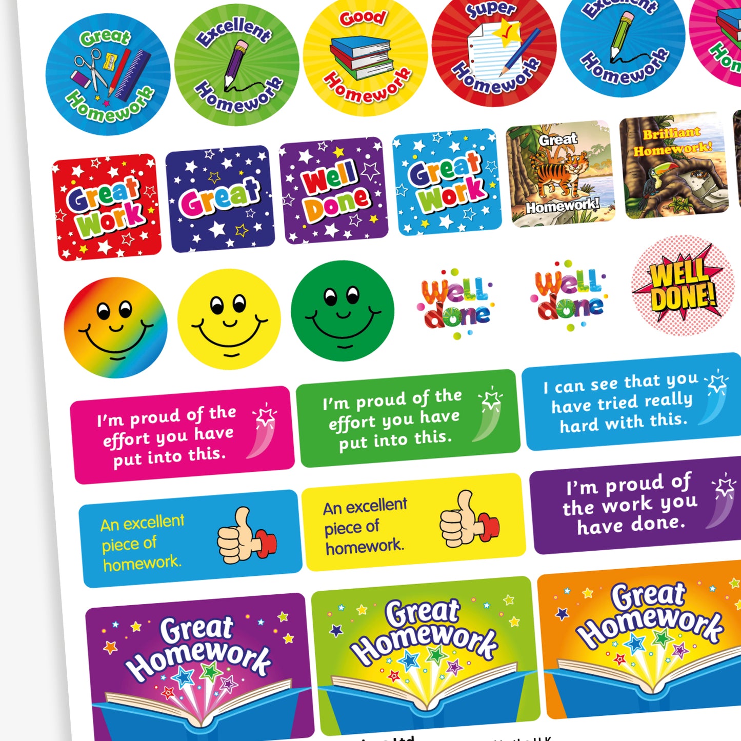 A variety of colourful reward stickers focused on homework achievement. Phrases include 'Excellent Homework', 'Well Done', 'Good Homework', and 'An Excellent Piece of Homework'. The designs feature vibrant graphics such as pencils, books, stars, thumbs-up icons, and school bags. Stickers are in round and rectangular shapes with bold text and playful backgrounds, intended to encourage and celebrate pupils’ homework efforts.