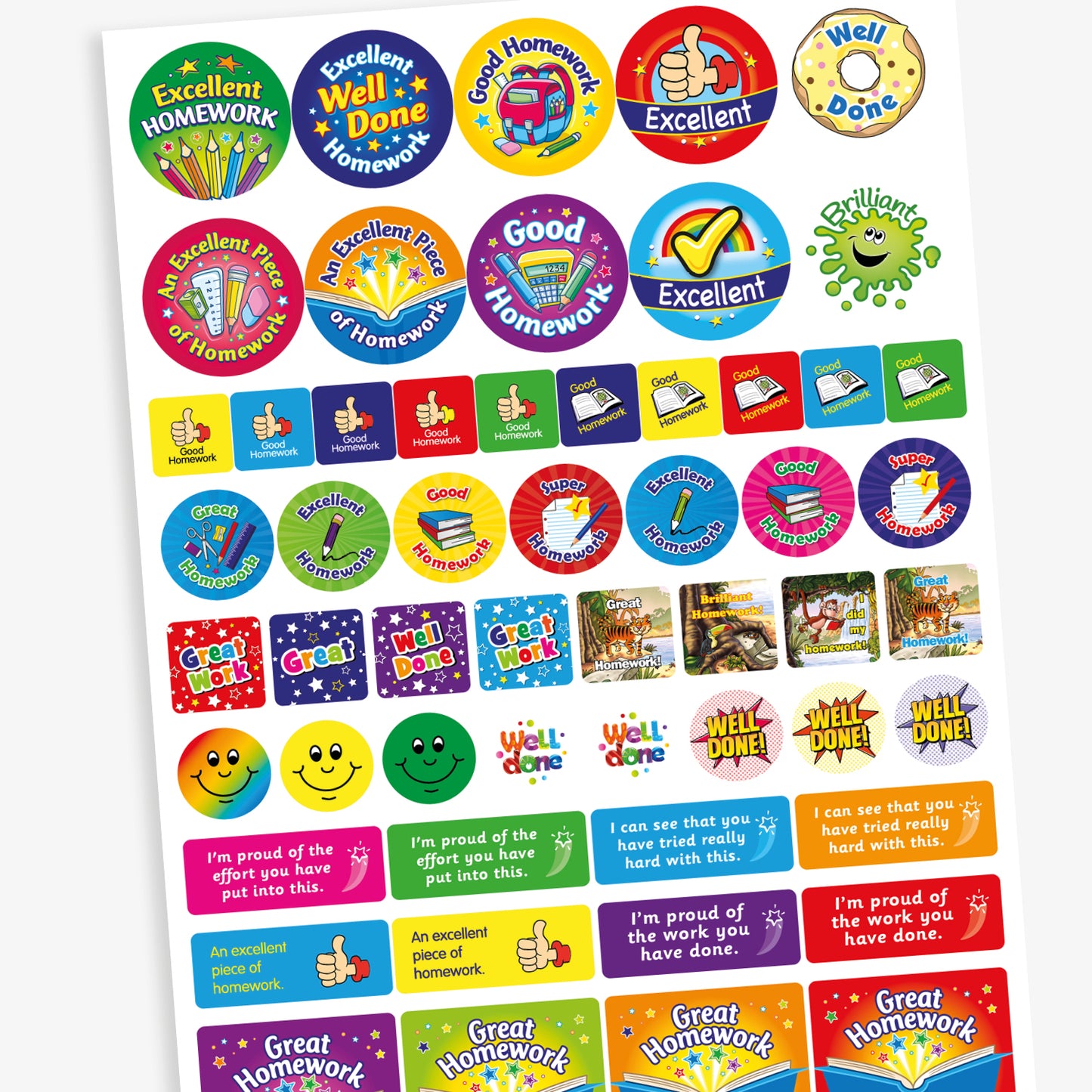 A variety of colourful reward stickers focused on homework achievement. Phrases include 'Excellent Homework', 'Well Done', 'Good Homework', and 'An Excellent Piece of Homework'. The designs feature vibrant graphics such as pencils, books, stars, thumbs-up icons, and school bags. Stickers are in round and rectangular shapes with bold text and playful backgrounds, intended to encourage and celebrate pupils’ homework efforts.