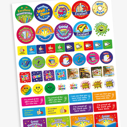 A variety of colourful reward stickers focused on homework achievement. Phrases include 'Excellent Homework', 'Well Done', 'Good Homework', and 'An Excellent Piece of Homework'. The designs feature vibrant graphics such as pencils, books, stars, thumbs-up icons, and school bags. Stickers are in round and rectangular shapes with bold text and playful backgrounds, intended to encourage and celebrate pupils’ homework efforts.