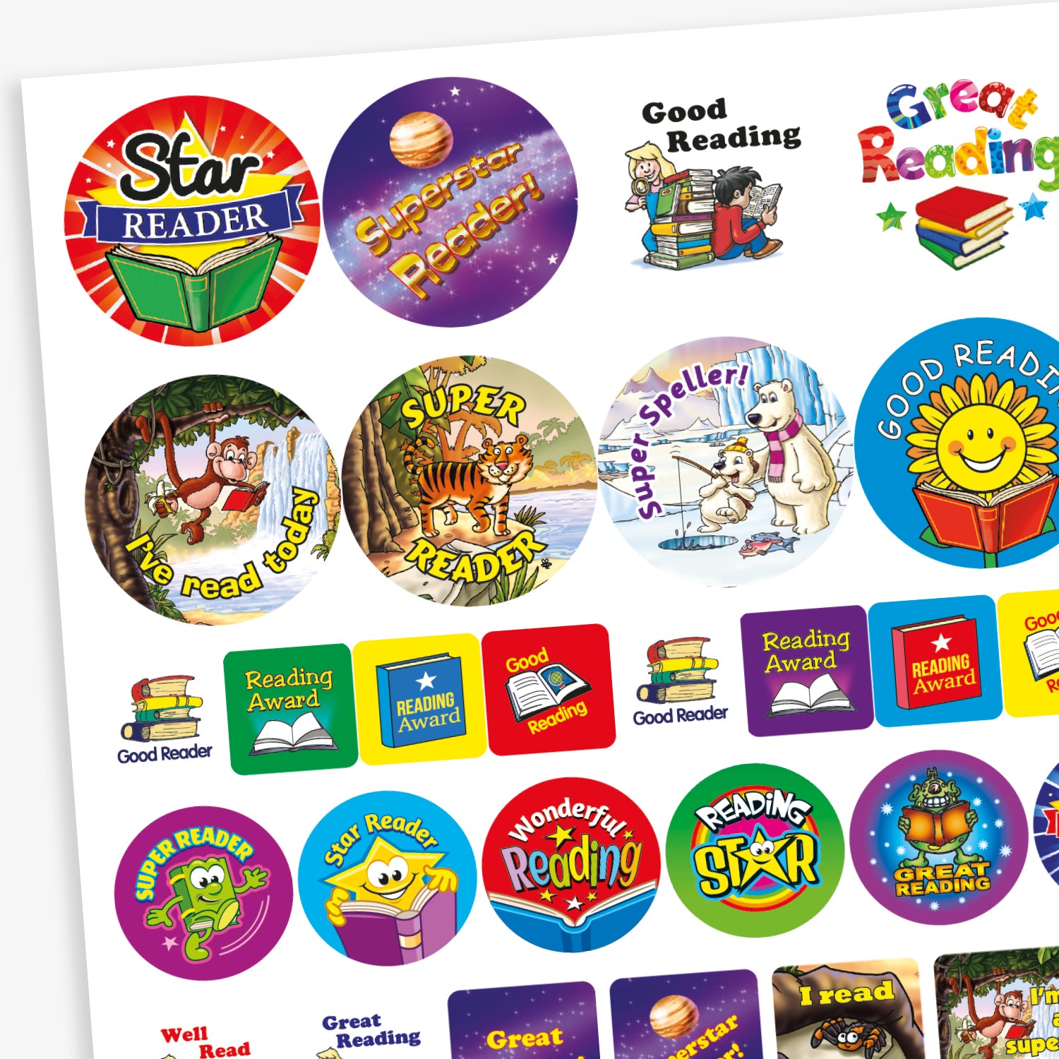 A colourful sheet of reading reward stickers with phrases such as 'Star Reader', 'Superstar Reader', 'Good Reading', 'Great Reading', 'I’ve Read Today', 'Super Reader', and 'Super Speller'. The stickers feature playful designs including books, animals, a smiling sun, and fantasy-themed elements. Various shapes and bright colours are used to motivate and celebrate reading achievements in children.
