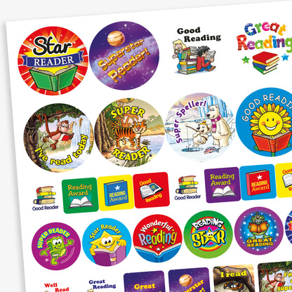 A colourful sheet of reading reward stickers with phrases such as 'Star Reader', 'Superstar Reader', 'Good Reading', 'Great Reading', 'I’ve Read Today', 'Super Reader', and 'Super Speller'. The stickers feature playful designs including books, animals, a smiling sun, and fantasy-themed elements. Various shapes and bright colours are used to motivate and celebrate reading achievements in children.